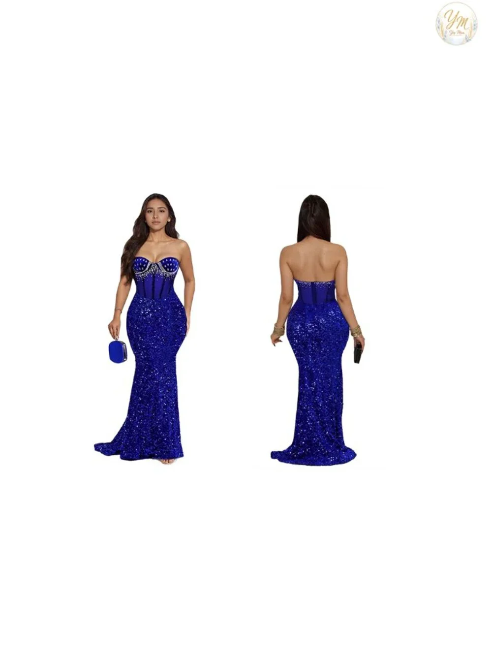 Rhinestone Mermaid Strapless Club Dress Sequin Bodycon Formal Maxi